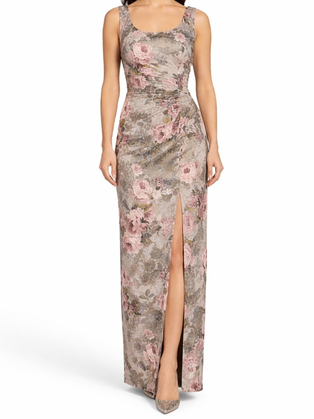 Adrianna Papell -β Metallic Floral-Print Column Gown